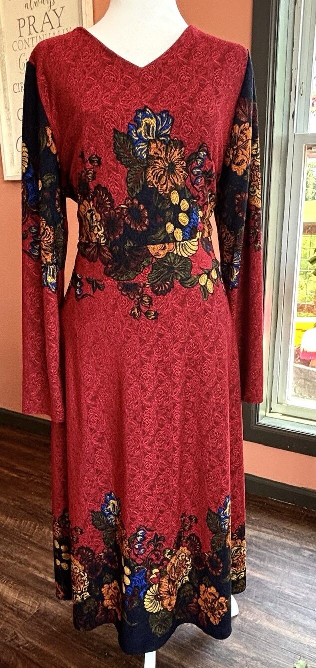 Vicky And Lucas Dress Sz Lg Burgandy Damask Rosette Floral Office Artsy Church